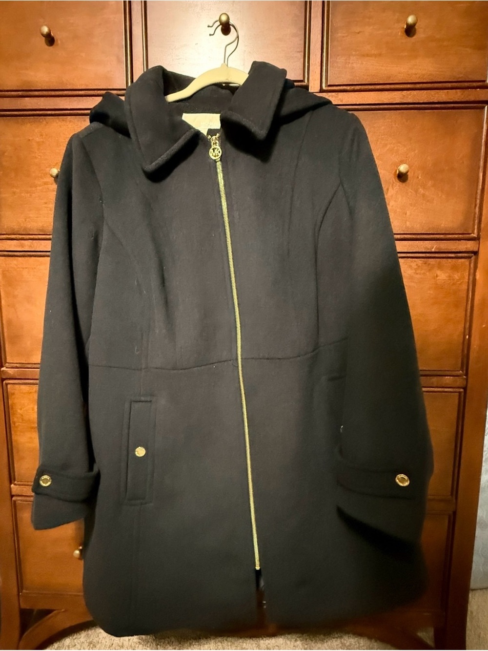 Michael Kors Black Hooded Wool-Blend Pea Coat with Gold Hardware